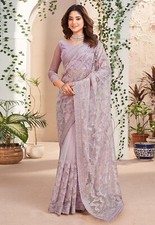 Women's Net Sequin Embroidery Zarkan Work Saree with Unstitch Blouse Piece