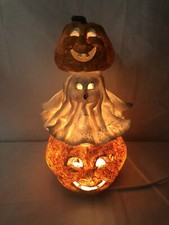 Vintage Resin 9" Ghost and Pumpkin Stack Lighted Halloween Decoration