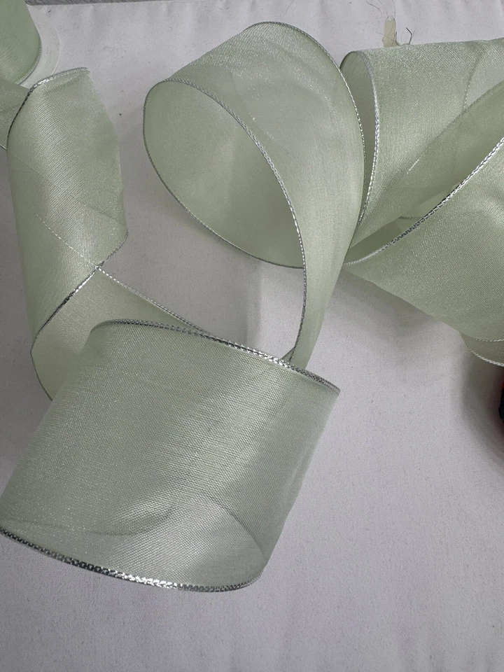 Vintage Sage Green Organza Organdy Fabric Ribbon Made In Switzerland 3 x 50 In - Image 2 of 4