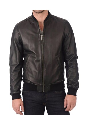 Men's Real Leather Bomber Jacket Soft Lambskin Napa Leather Black Varsity Jacket