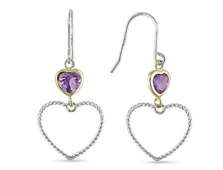 Pendientes colgantes Amour de oro amarillo y plata de 14 quilates 3/4 quilates TGW amatista doble corazón