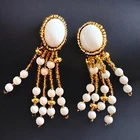 Large Clip On Earrings Milk Glass Gold Tone Beaded Fringe Vintage