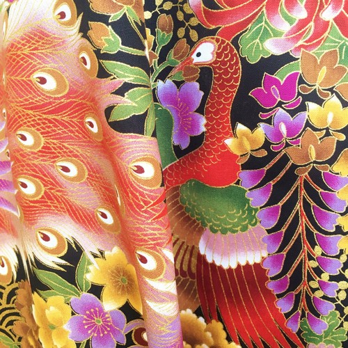 Japanese cotton fabric peacock metallic birds gold oriental 3 colour chinoiserie - Picture 21 of 44