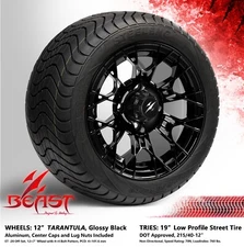 4x GOLF CART 12" BLACK 'TARANTULA' WHEELS and 215/40-12 DOT LOW PROFILE TIRES