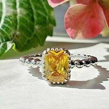 3Ct Radiant Cut Yellow Citrine Solitaire Engagement Ring 14K White Gold Finish