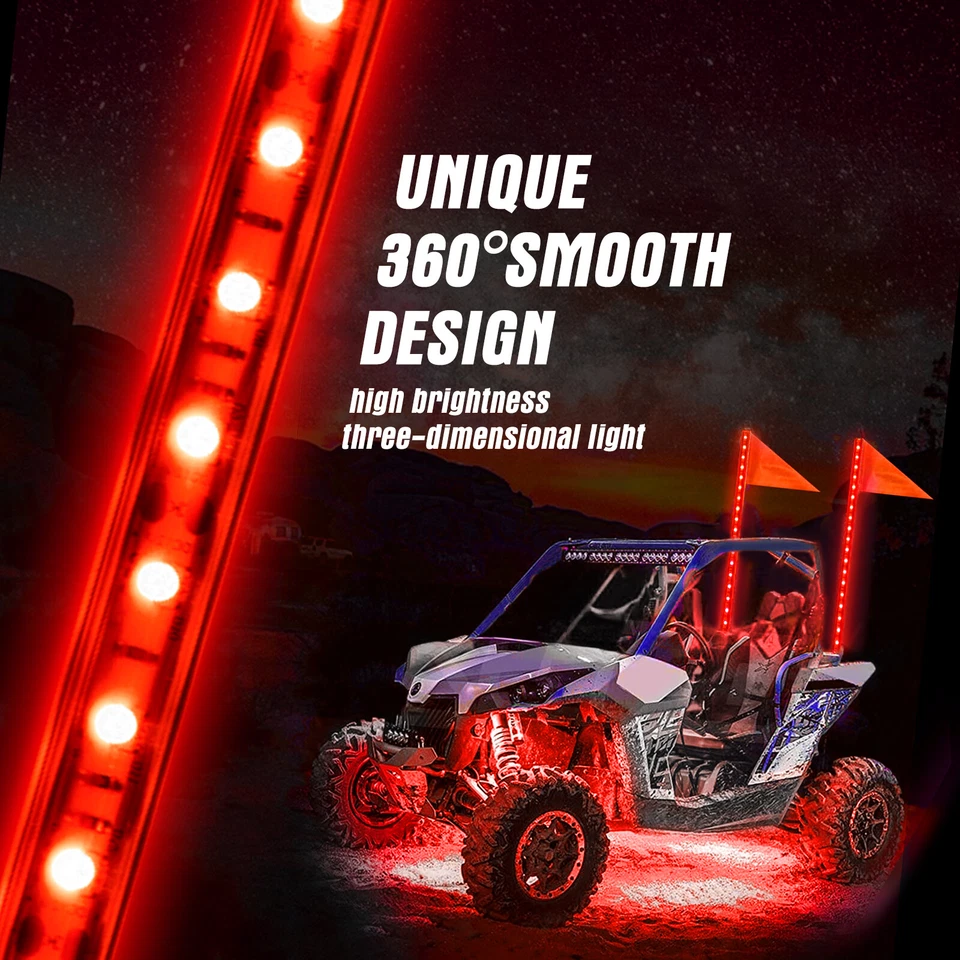 2X 3FT LED Whip Light RED Antenna Light Fit For RZR Polaris Offroad ATV UTV 4WD - Image 4 of 4