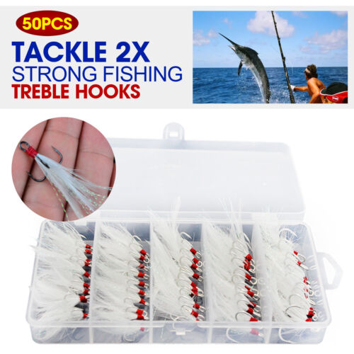 50PCS Fishing Bend Treble Hooks With Feather trong Sharp Fishing Hooks Size 2-8 - Picture 1 of 8