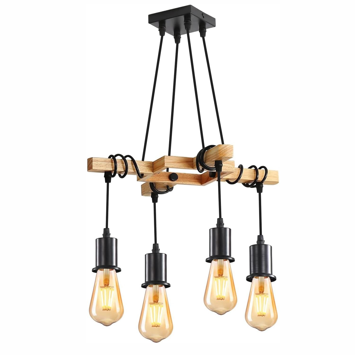 Suspension Luminaire Industriel en Bois de Chêne et Finitions Métal E27