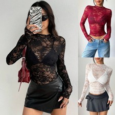 Ladies See Through Floral Long Sleeve Lace Shirts Blouse Tops Stretchy Basic Tee