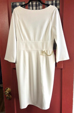 Halston Quiet Luxury White Long Sleeve Midi Dress Chain Detail Size 10 NWOT