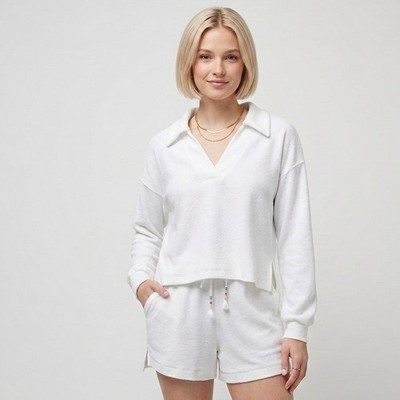 TravisMathew Home Oasis White Terry Cloth V-Neck Polo Top Womens Large Beach NEW