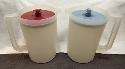 2 Tupperware Classic 2 QT Pitcher Push Button Sheer Red & Blue Lids 1676