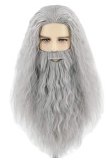 Topcosplay Men Wigs and Beard Set Long Gray Cosplay 4 Piece Set, Grey