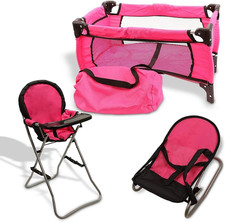Pink Baby Doll Accessories Set - 3 in 1 Baby Doll Furniture Set with Baby Doll H