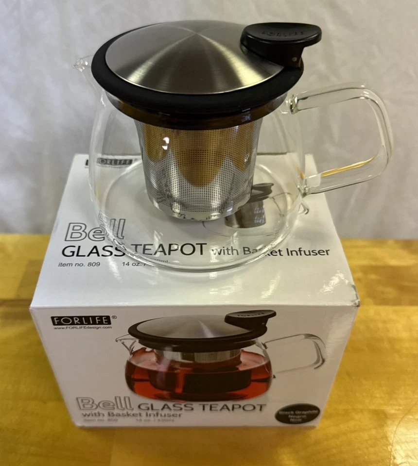 FORLIFE Bell Glass Teapot with Basket Infuser 14 OZ / 430 ML Black Graphite NEW - Image 2 of 4