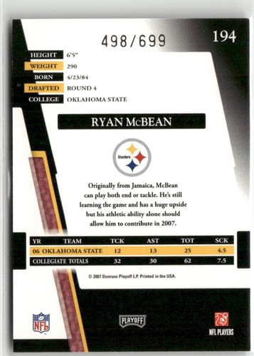 2007 Playoff Absolute Memorabilia Ryan McBean Rookie 498/699 Pittsburgh Steelers - Picture 2 of 2