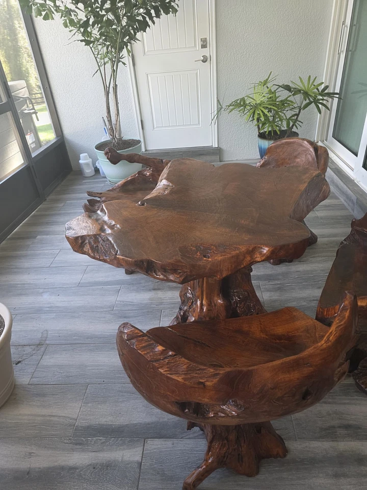 Mesa de comedor de madera de raíz de teca muebles naturales lisos habitación terraza sol nueva Foto 4 de 4