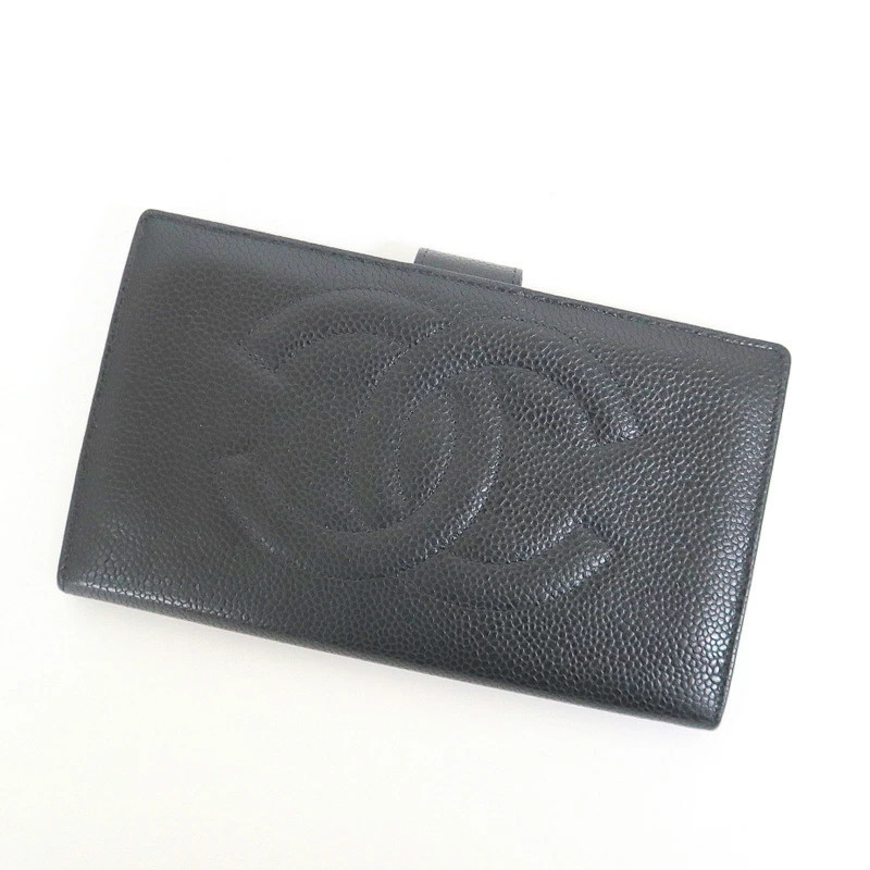 CHANEL Black Caviar Long Wallet Coin Purse Used HM11631 Cash On Available