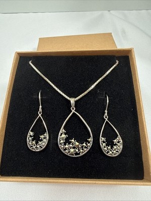 925 SLC Thailand Silver Marcasite Pendant With 24  Chain And Earrings Set