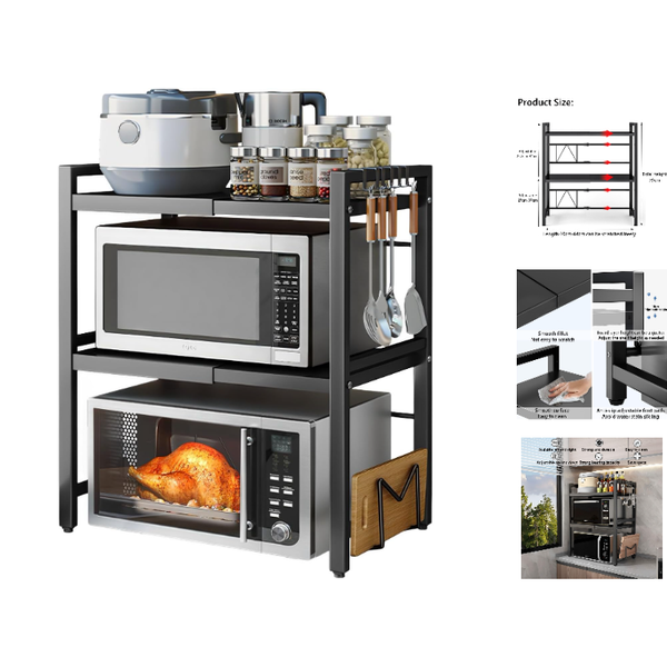 Mikrowellenregal 3 Etagen Ausziehbar 40-64 Cm Mit 6 Haken FüR KüChe Und BüRo-image