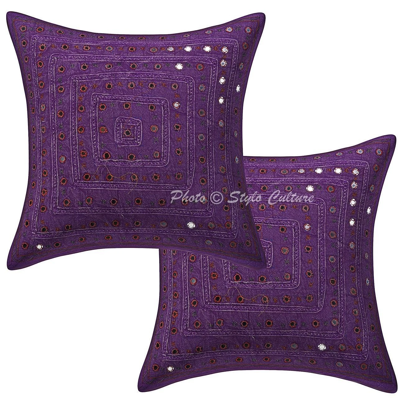 Ethnic Cotton Throw Pillow Covers Embroidered Mirror Lace Purple Geometric Decor