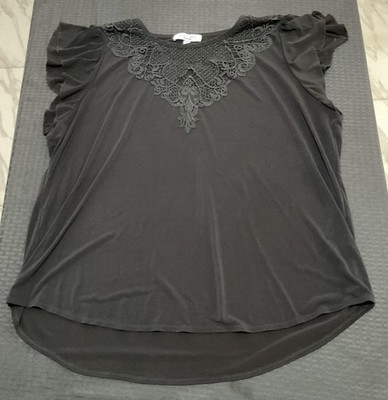Sweet Rain Shirt Womens 3X Black Crochet Lace Flutter Sleeve Tunic Plus Size