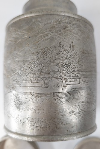 Antique Chinese Engraved Pewter Tea Caddy Covered Jar Landscape Calligraphy - Picture 14 of 19