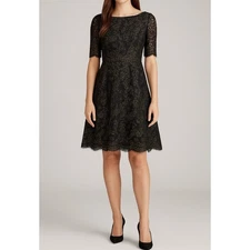 Teri Jon Rickie Freeman Dress Womens 10 Metallic Gold Lace Fit Flare Cocktail