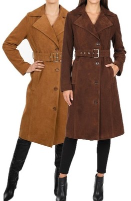 Langer Damen-Trenchcoat aus feinem Ziegenveloursleder unterhalb Knielang, Taillenjacke mit Gürtel