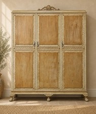 Antique Edwardian Blonde Walnut Triple Wardrobe Carved Compactum Large Armoire