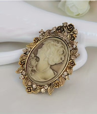Broche camafeo prendedor diamantes de imitación dorado estilo vintage tallado marco ovalado rosa victoriana