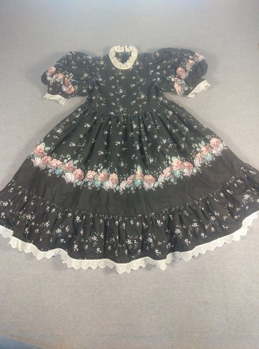 Vintage Daisy Kingdom Girls Floral Dress Black Pink Rose Cottagecore Prairie Sz