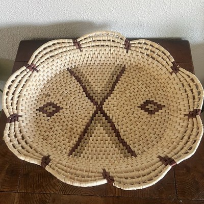 Vintage Grass Oval Platter Scalloped Wall Decor Basket Tray Boho Two Tone