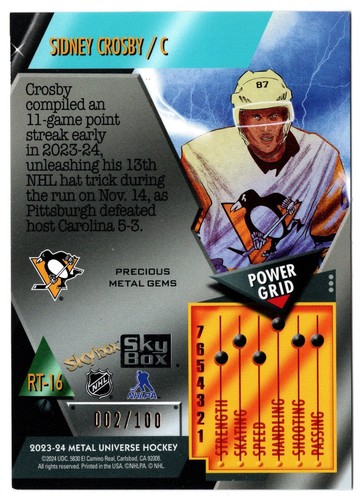 2023-24 Skybox Metal Universe Green Precious Gems SIDNEY CROSBY #2/100 (/10) PMG - Picture 2 of 2