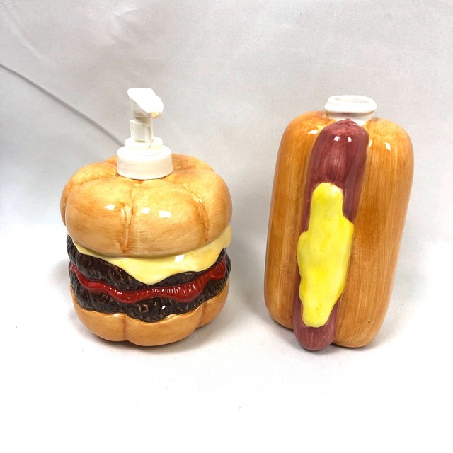 Hamburger And Hot Dog Ceramic Soap Ketchup Mustard Dispensers eBay