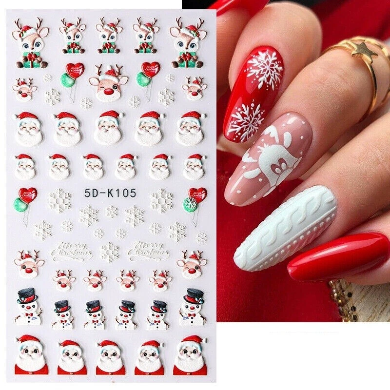 NAIL STICKERS FLOWERS TULIPS 5D Nail Art Stickers Decals Embossed Christmas Snowman Santa Claus Snowflakes K5