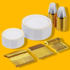 150 Pieces Gold Disposable Plates for 25 Guests, Party Dinnerware Set