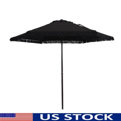 7.5ft Round Patio Umbrella Solid Black Fade Resistant Push Up Steel Frame New