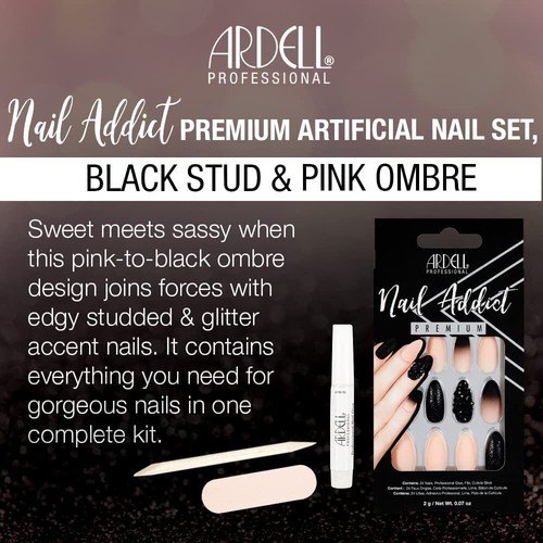 Ardell Nail Addict Press-On Nails Set Black Stud & Pink Ombre, Almond-Shape - Picture 4 of 4