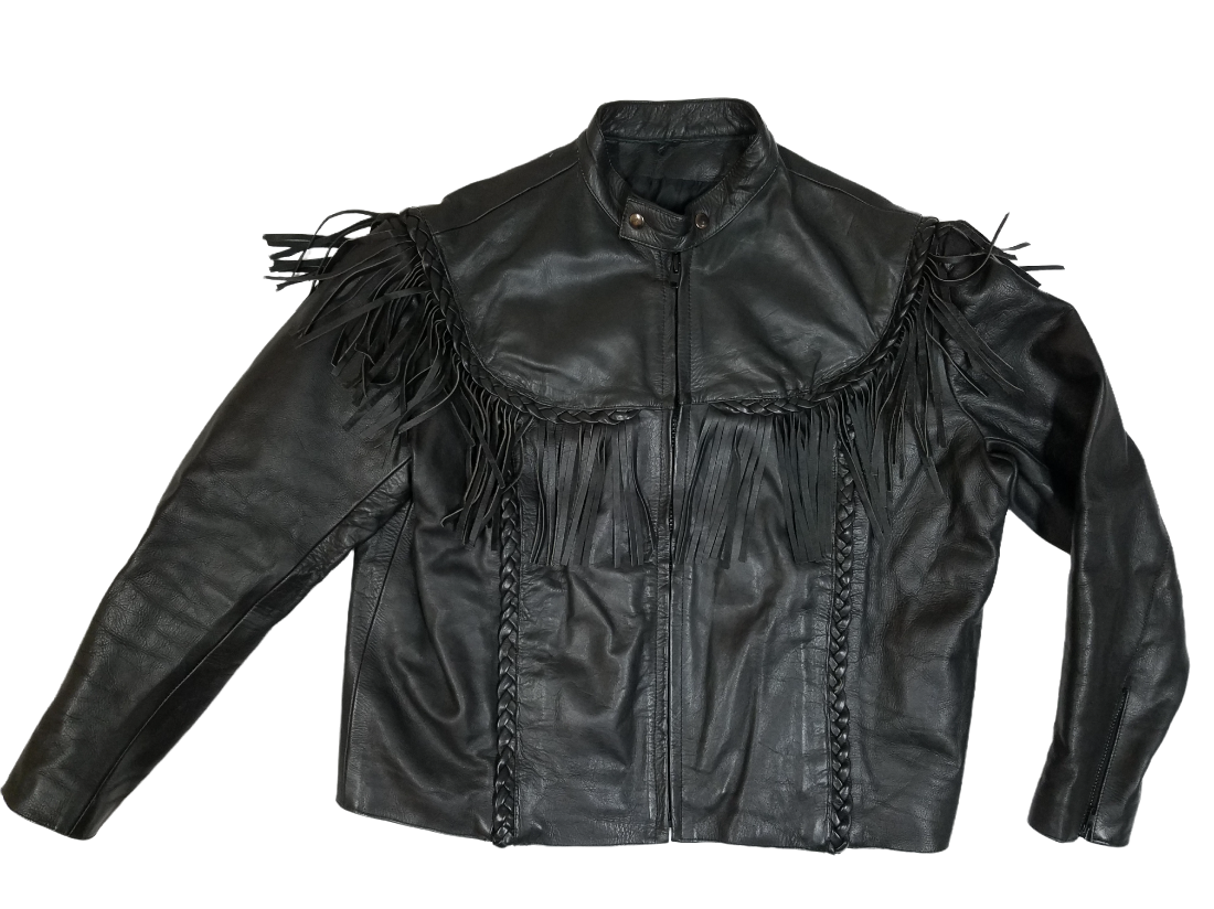 First Genuine Leather Fringe Size 48 Black Biker Motorcycle Jacket L288