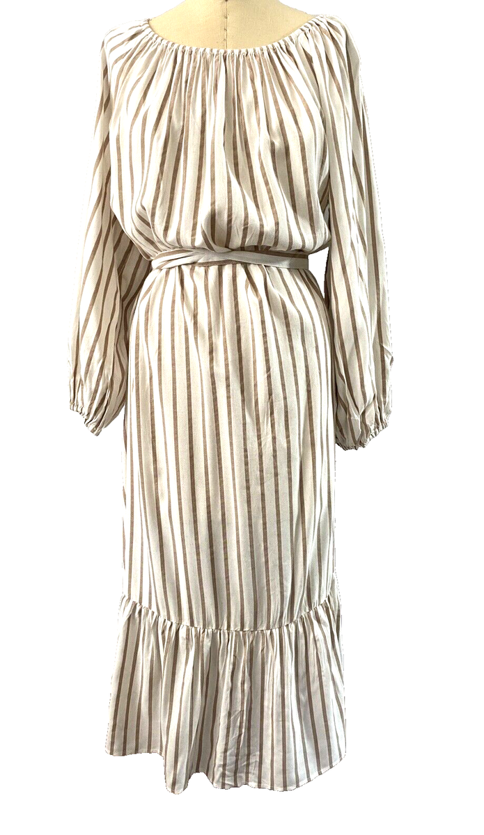 h&m striped long sleeve dress NEW Cream/Brown Maxi Belted Balloon Sleeves Size 12 Runs Large line silhouette H&M Striped Long Sleeve Dresses
