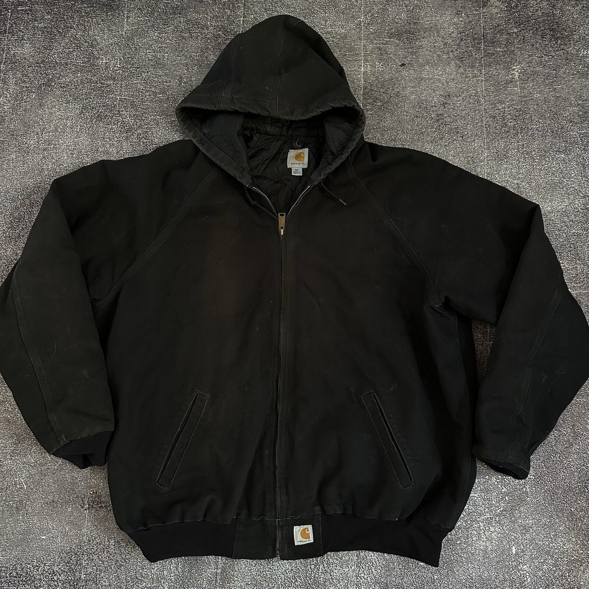 Men's Carhartt Quilted Hooded Duck Canvas Black J268 Zip Up Work Jacket Sz  2XL