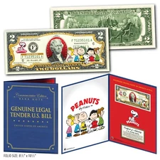 PEANUTS - Charlie Brown & Gang Genuine U.S. $2 Bill in Large Collectors Display