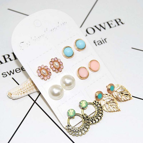 US Set 4 ~ 12 Paar Strass Kristall Perlen Ohrringe Set Damen Ohrstecker Schmuck - Bild 115 von 143