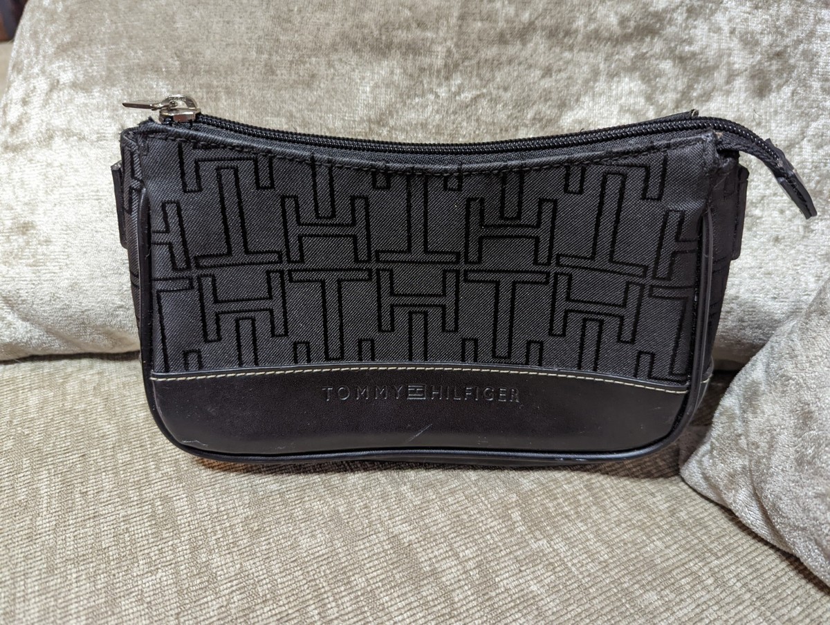 Tommy Hilfiger Black Jacquard Faux Leather Trim Toiletry Cosmetic Travel Bag