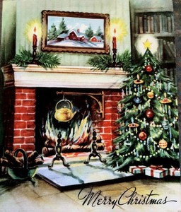 Red Brick Fireplace Glitter Icicles Tree Cozy Room Mantle Vtg