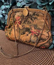 Antique Mother w/daughter Petite Tapestry Purse Handbag, Gold Clasp Silver Chain