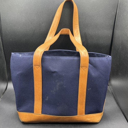 Vintage L.L Bean Tote Bag Navy Blue Canvas And Brown Leather - Bild 2 von 5