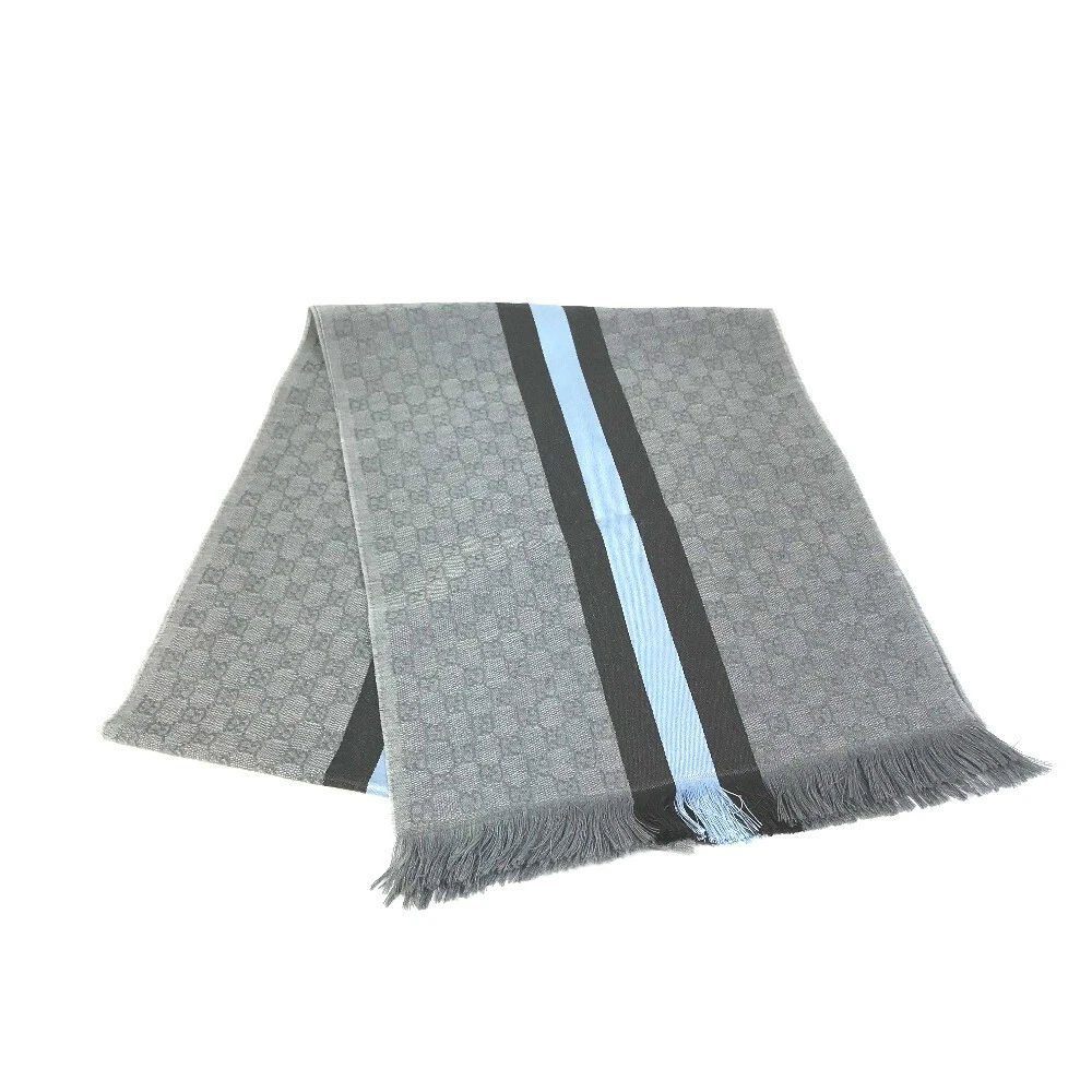 GUCCI 542984 GG frange écharpe laine / soie gris x bleu x noir