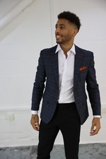 Mens Blue Check Blazer Smart Formal High Quality Jacket Wedding Office Party